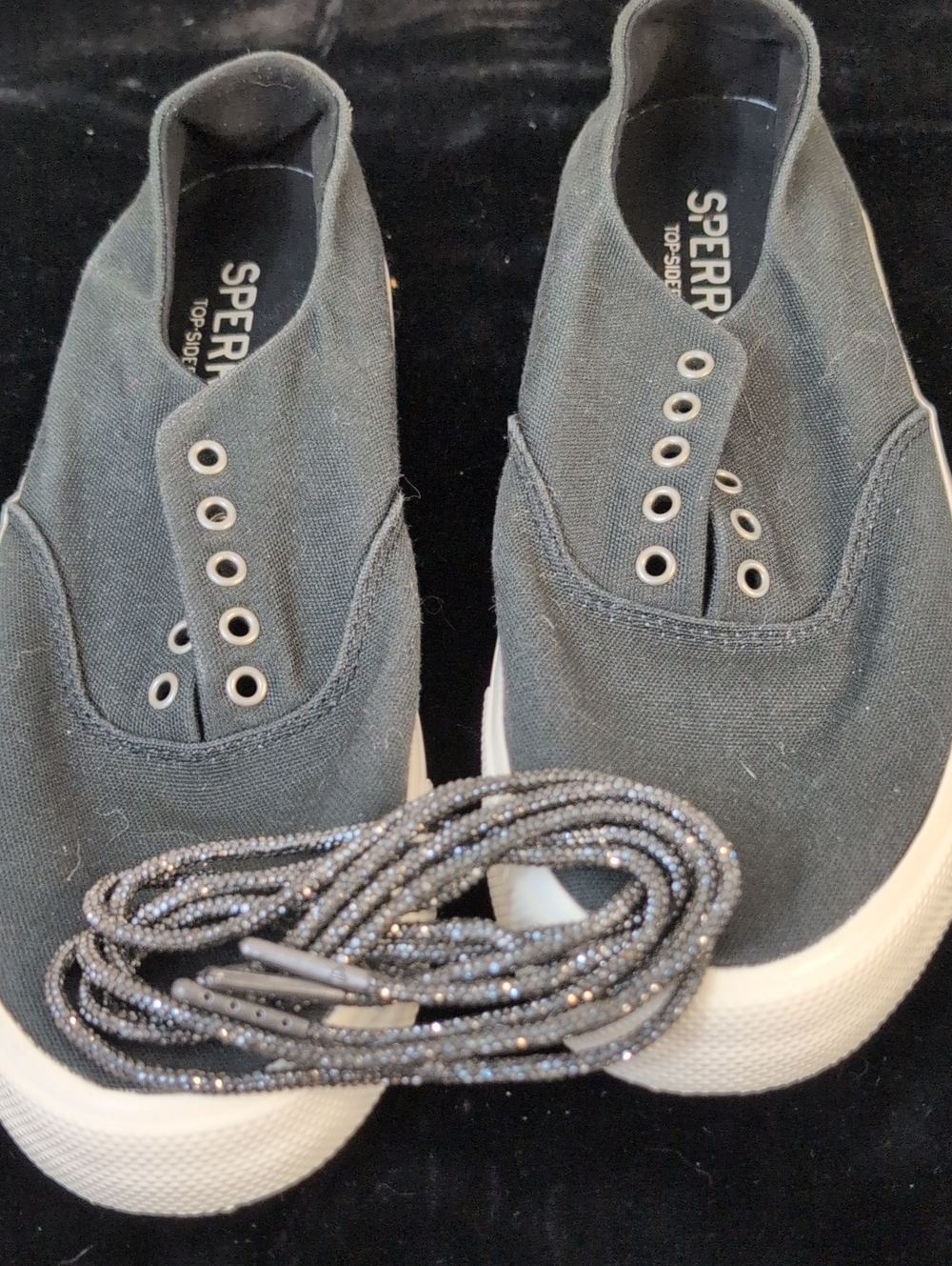 Sperry Dark Gray Canvas Slip-On Sneakers with Sparkly Laces